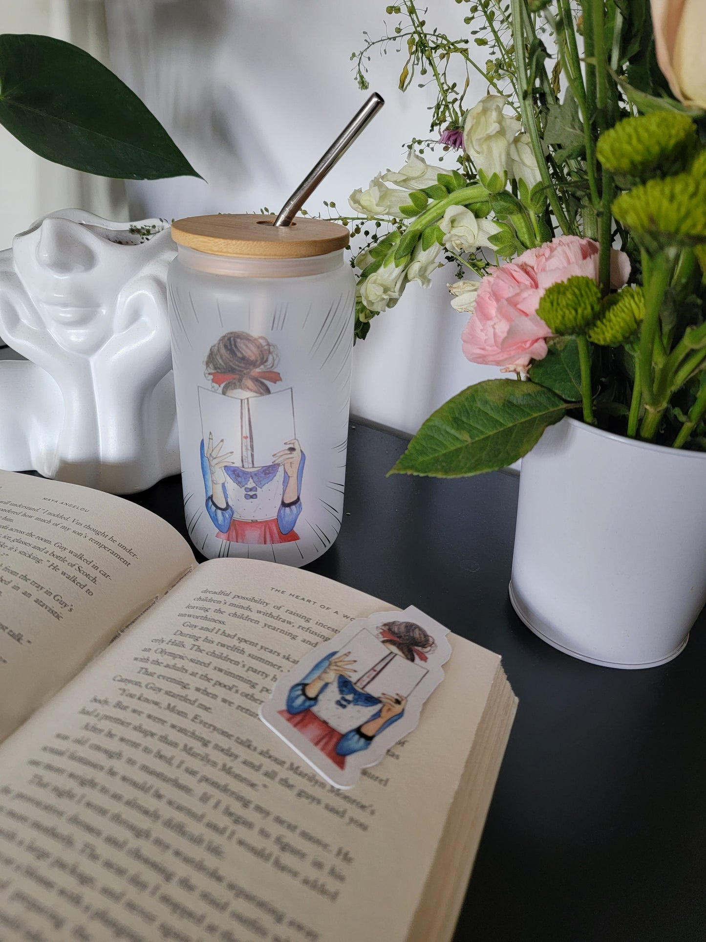 "A Girl and Her Book" Frosted Glass Cup