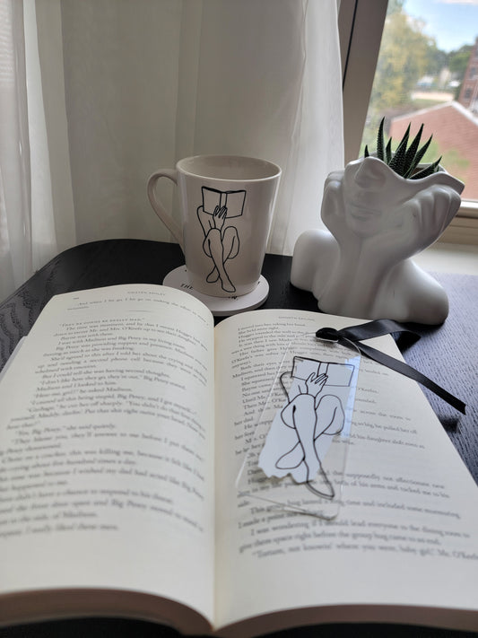 ✨ Whispered Chapters Bundle – Acrylic Bookmark + Glass Mug